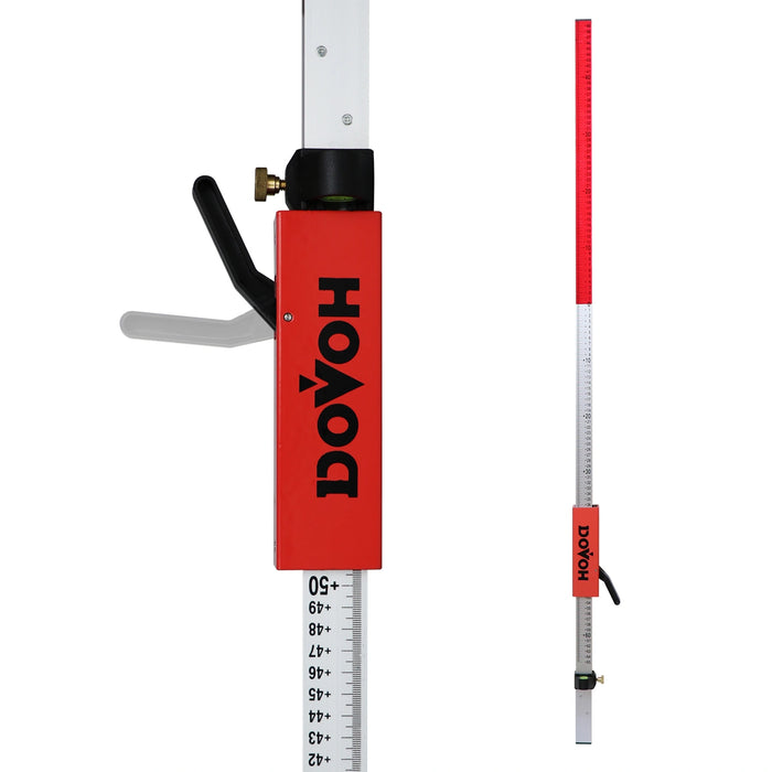 A grade rod for laser level with red and white segments and the brand name DOVOH printed on it.