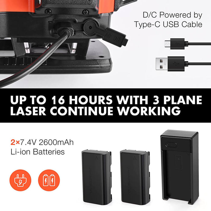 Dovoh K4-360G with 2 rechargeable batteries. Up to 16 hours with 3 plane laser continue working.
