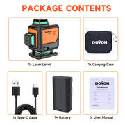 Package contents of a laser level with carrying case, battery, cable, and user manual on a white background.