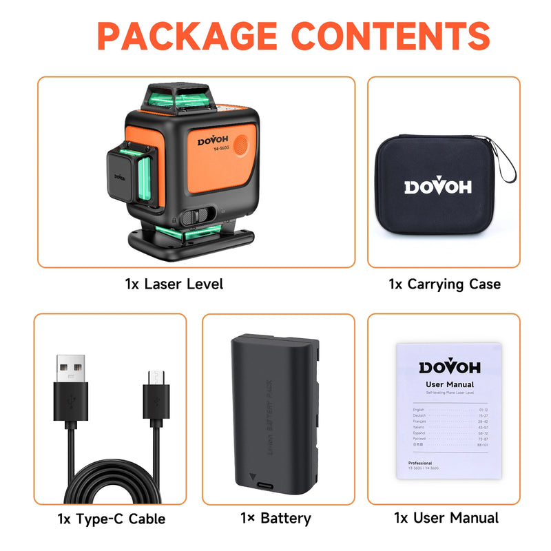 Package contents of a laser level with carrying case, battery, cable, and user manual on a white background.
