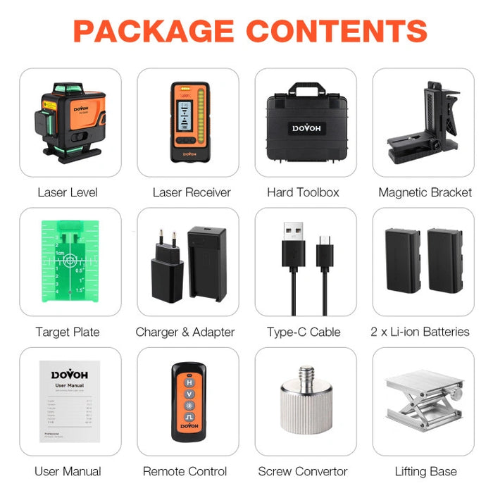 List of package contents including laser level, receiver, toolbox, and other accessories on a white background.