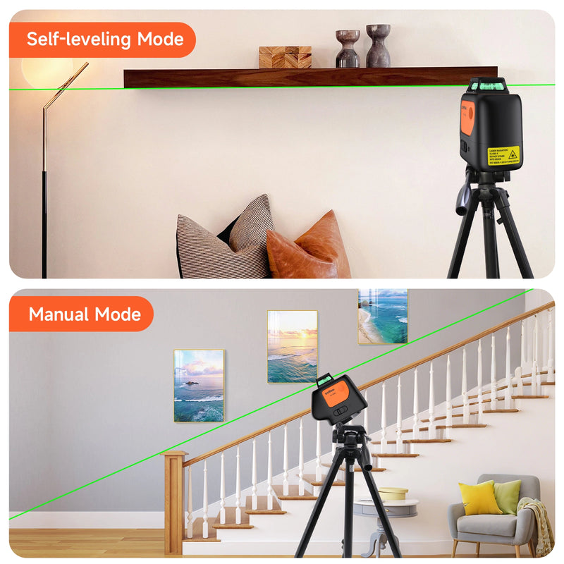 Laser level on a tripod in a room with shelves and pillows, and another in a room with stairs and decor.