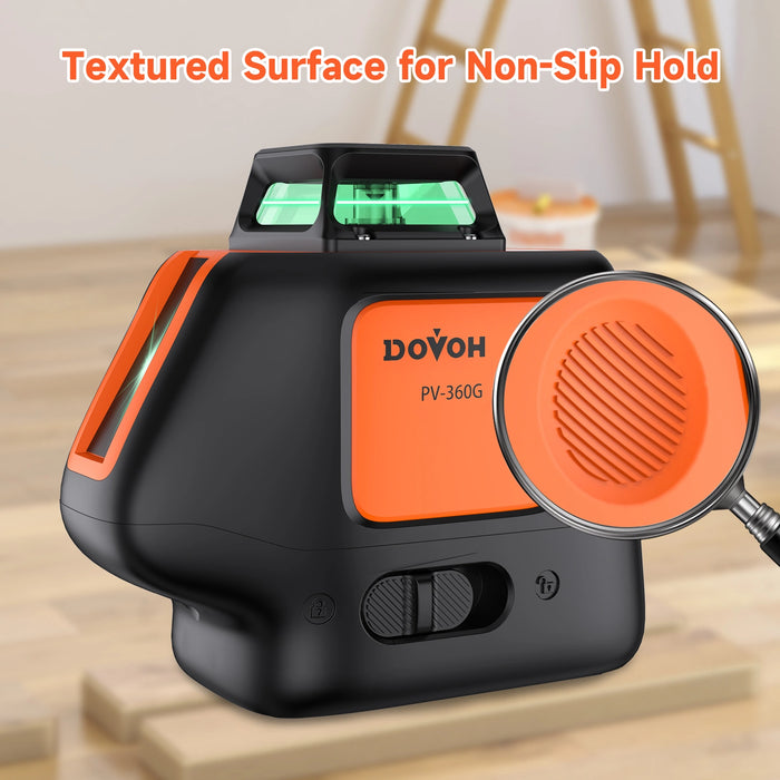DOVOH laser level with textured surface feature on a wooden floor background