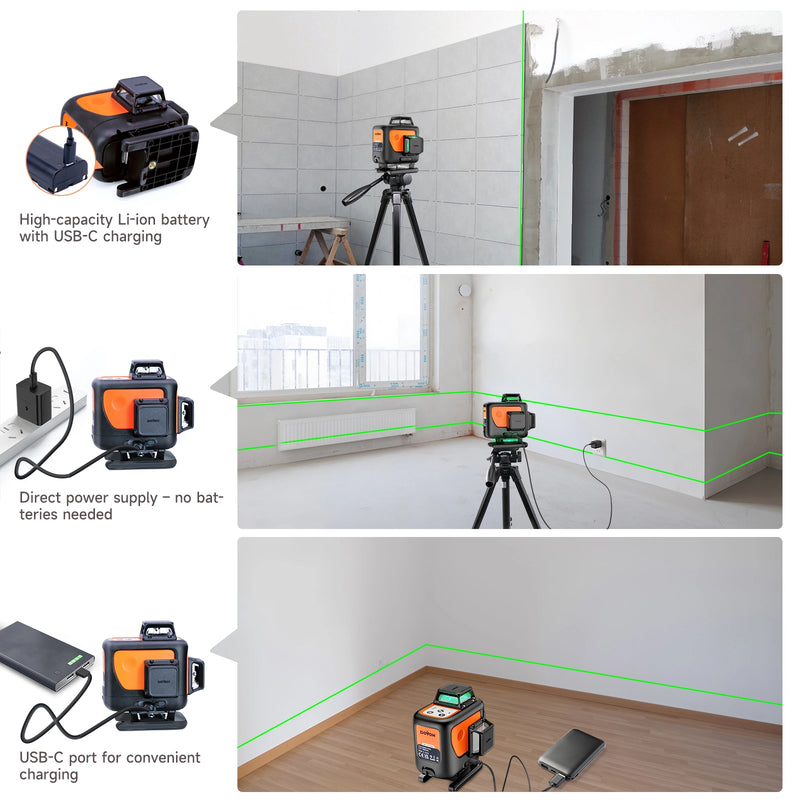 Laser level device with charging options and usage scenarios in a room.