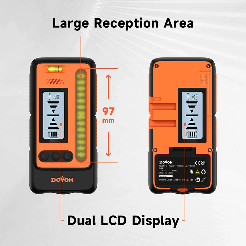 Large reception area and dual LCD display on the Dovoh DR1 receiver