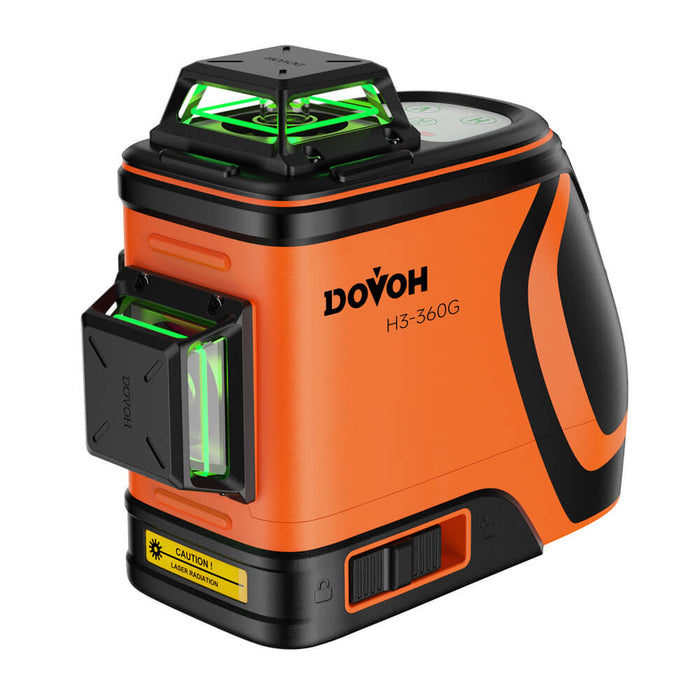 Dovoh 3x360° Ultra-Bright Green Laser Level (H3-360G) | DOVOH High Visibility Laser Level Outdoor Heavy Duty 3x360 Grados Self Leveling Laser Level Up To 197ft Long Range Visible 110mw Diodes Green 12 Line Laser Leveler Tool 3D Panel High Power Rechargeable Daylight Visible Outdoor Laser Level