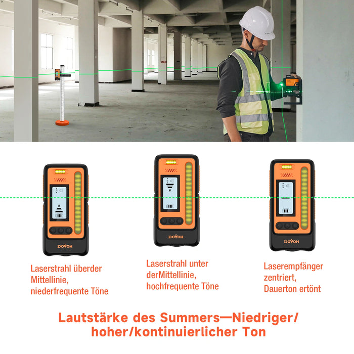 Person using a laser level in an indoor construction site with DR1  receiver product details displayed.