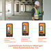 Person using a laser level in an indoor construction site with DR1  receiver product details displayed.