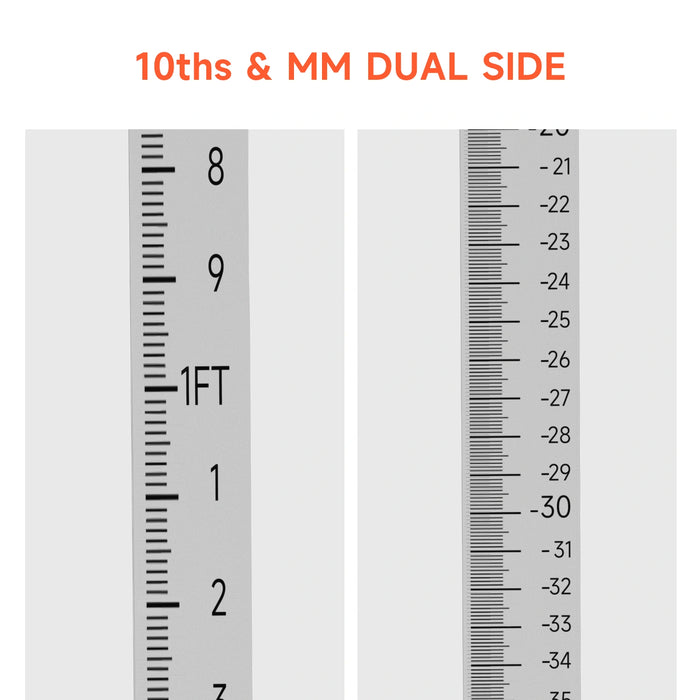 Dual side measurement ruler with 10ths and mm scales on a white background