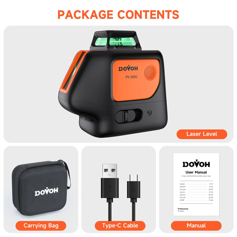 DOVOH laser level package with carrying bag, USB cable, and user manual on a white background