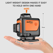Dovoh laser level held in a hand with weight and size measurements displayed.