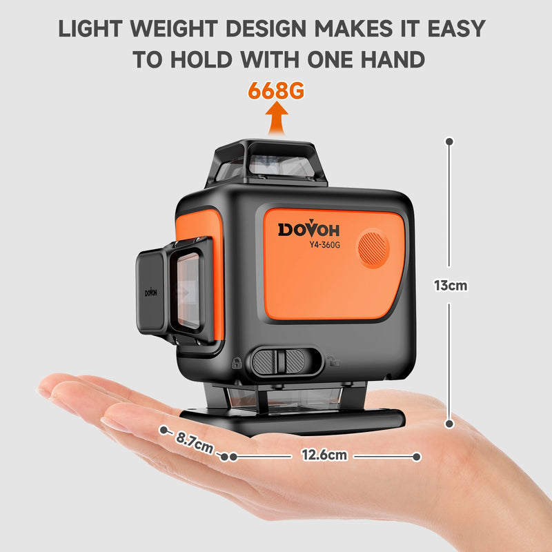 Dovoh laser level held in a hand with weight and size measurements displayed.