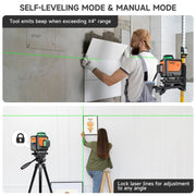 Person using a laser level tool in a home improvement setting with text on self-leveling and manual modes.