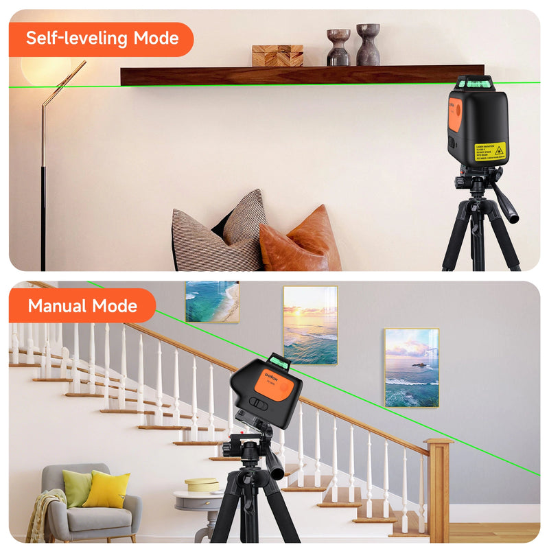 Laser level on a tripod in two different modes with home interior background.