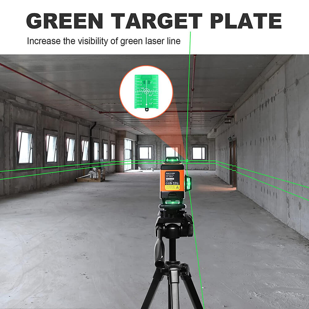 Dovoh 4x360 laser level with the green target plate can increase the visibility of the green laser line. 